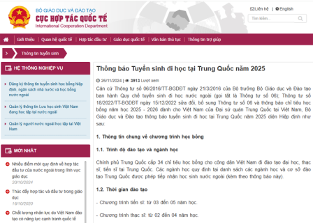 Thông báo Tuyển sinh đi học tại Trung Quốc năm 2025